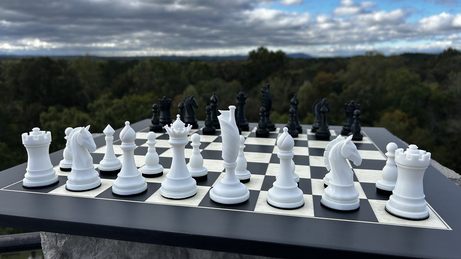 A Flag Chess set in its starting position, seen at an angle from the White side, with the Flag and Sentinels among the white pieces and the black army behind