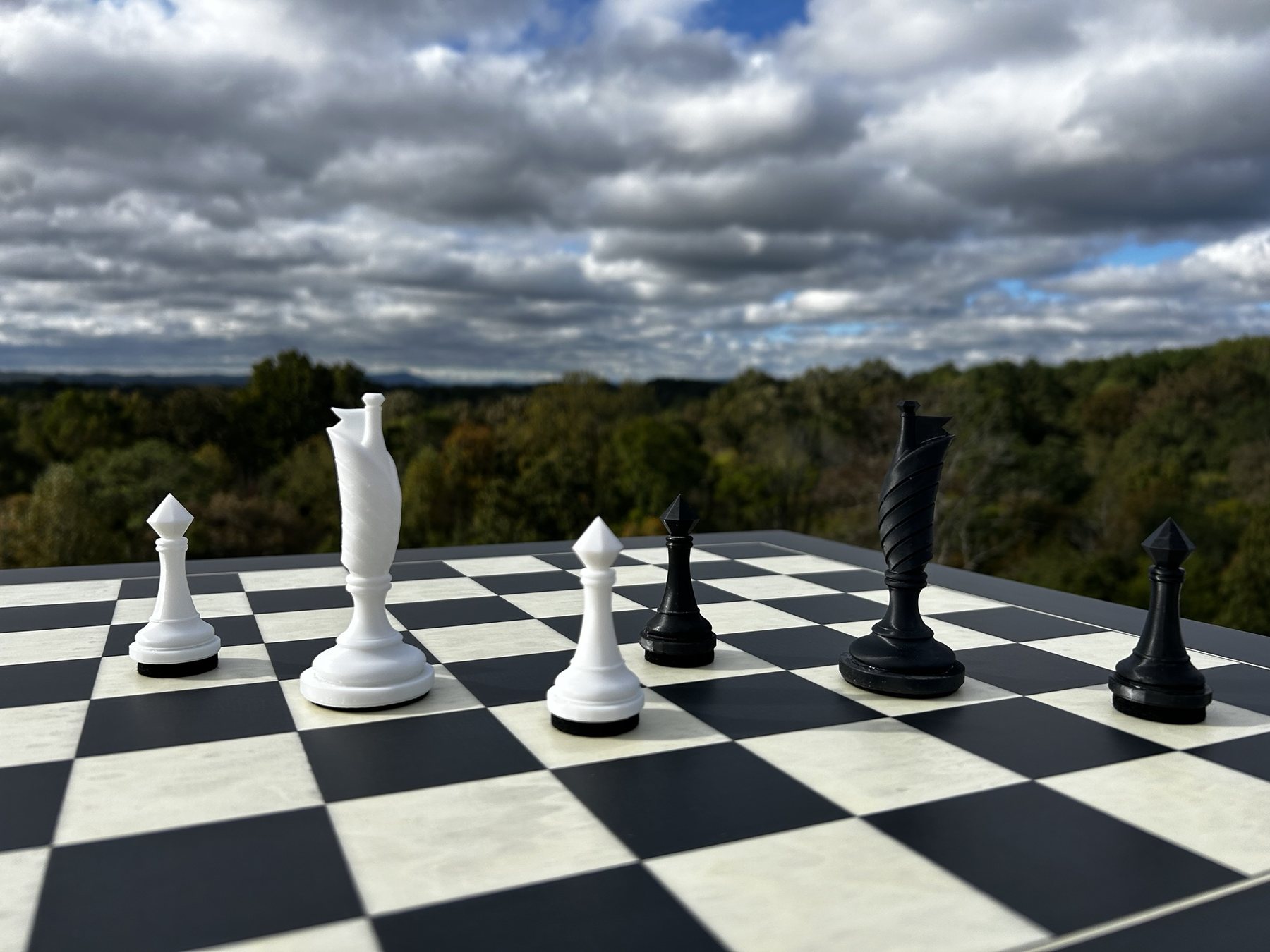 On an otherwise empty board, a white Flag between two white Sentinels faces a black Flag between two black Sentinels, with clouds and a ridgeline behind