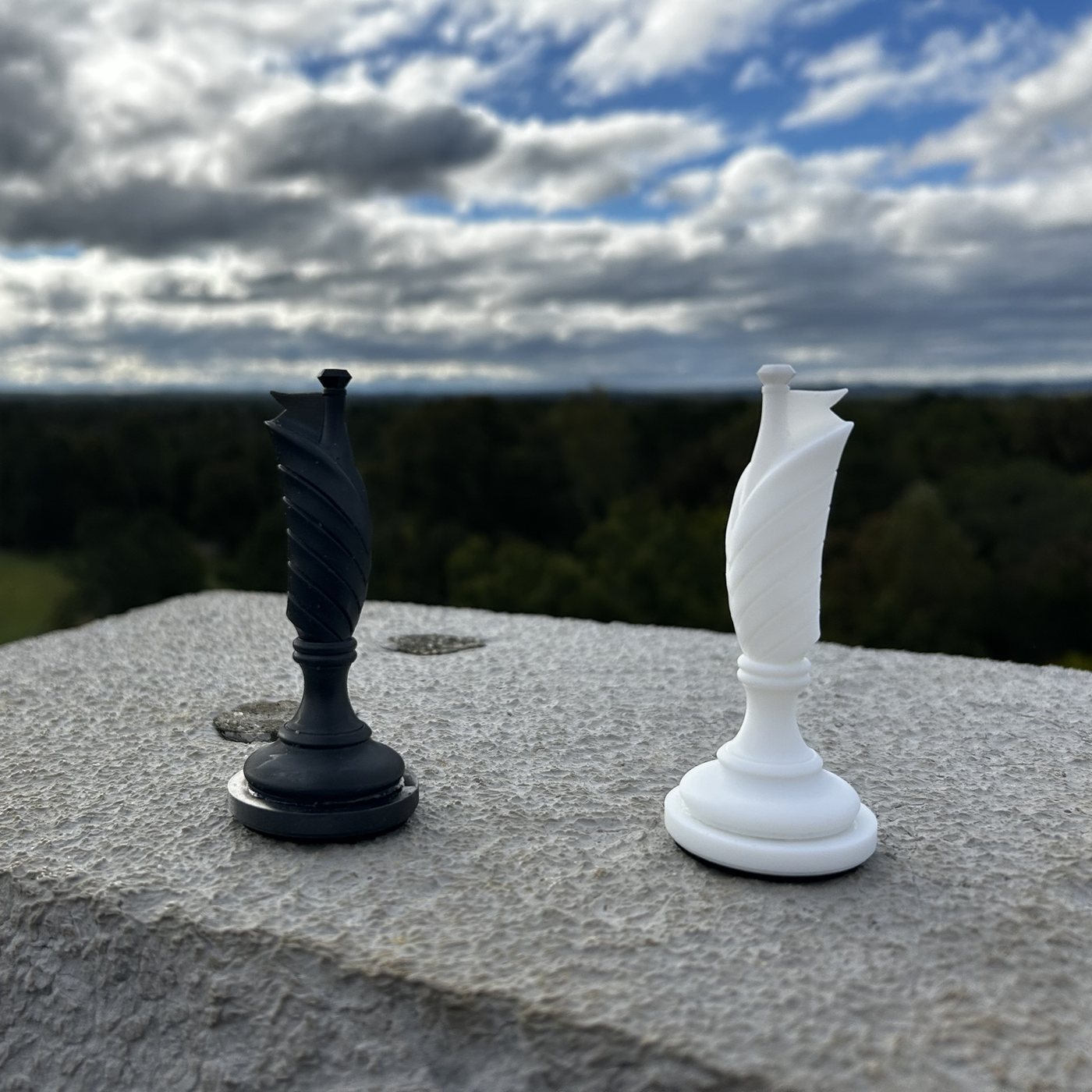 A black Flag and a white Flag facing each other on the edge of a high stone ledge, with forest far below and clouds overhead